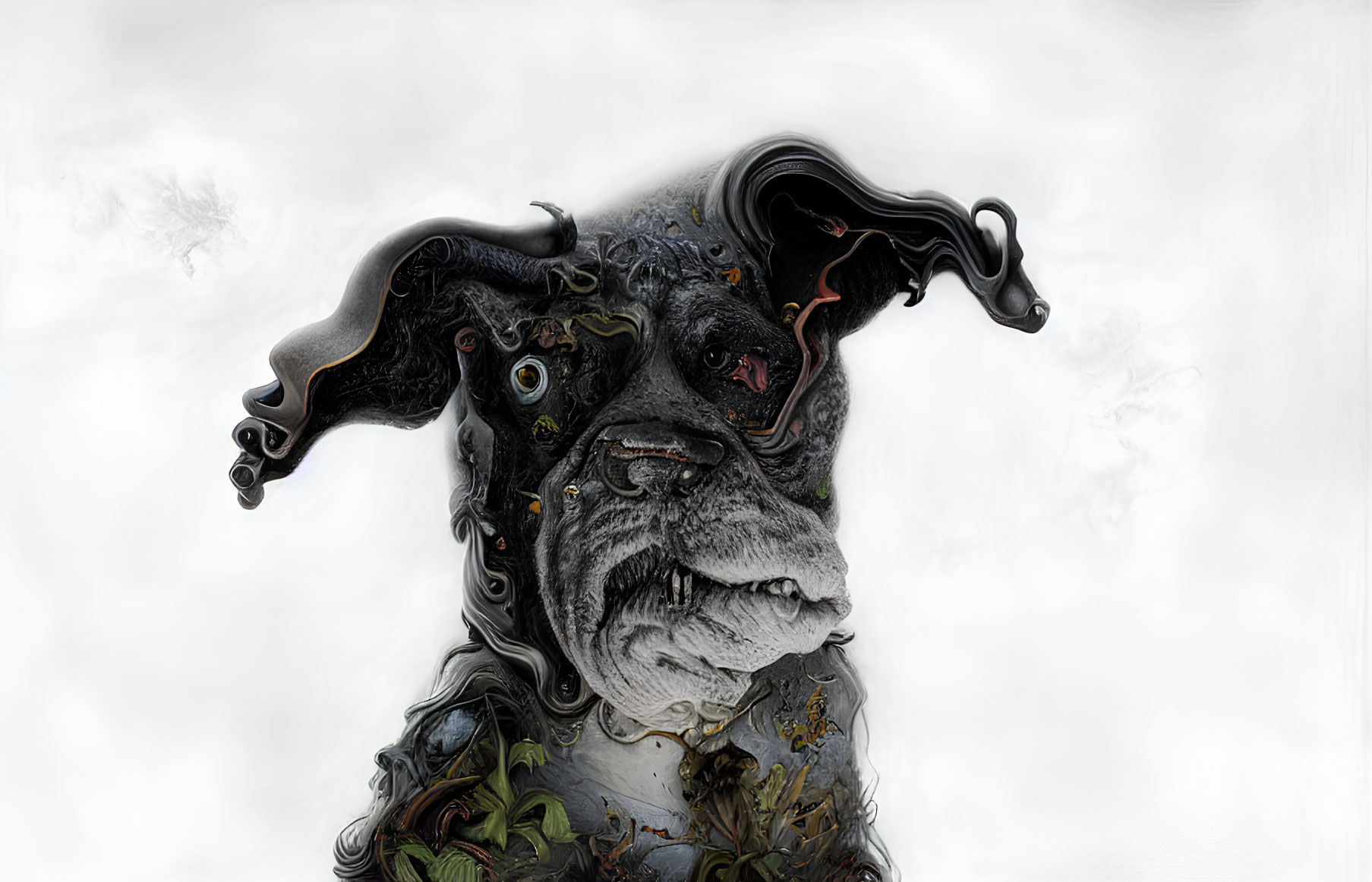 Melancholic dog with abstract, melting features and swirling patterns