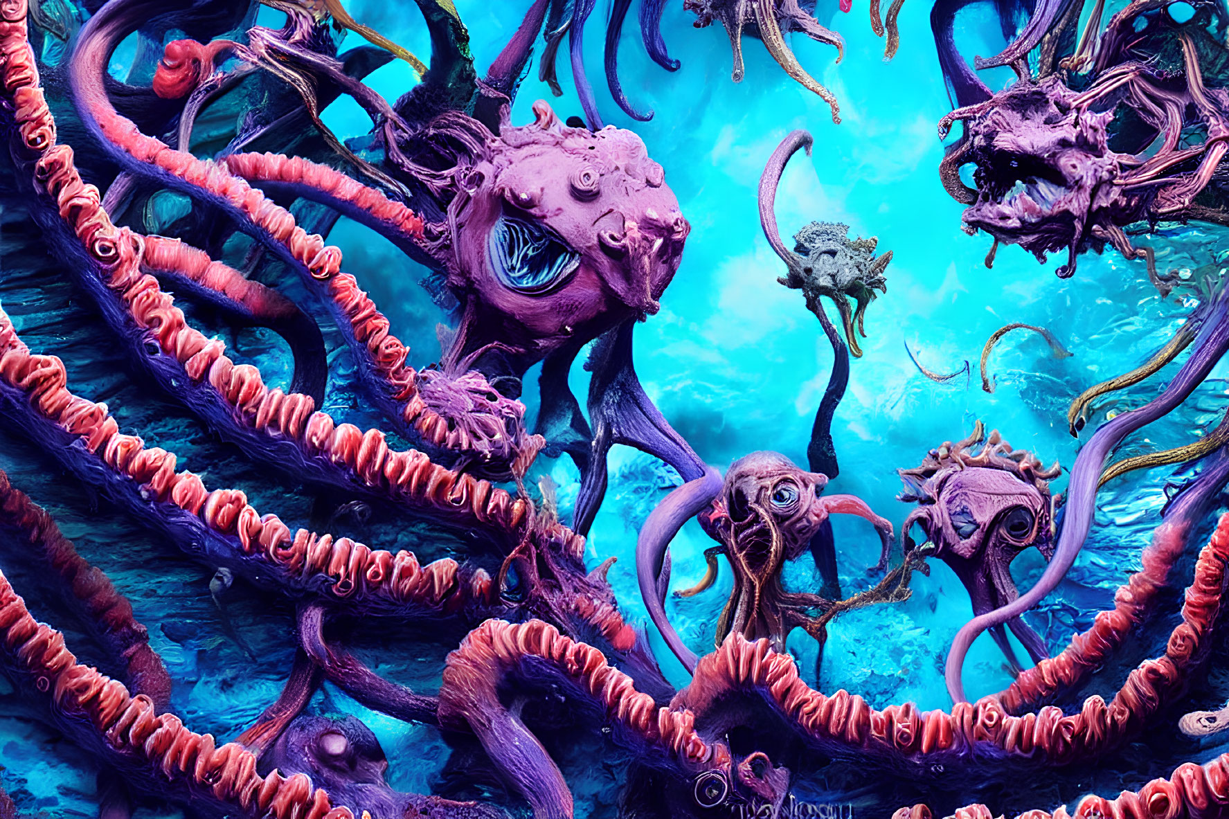 Intricate Blue and Purple Octopus-Like Creatures in Surreal Underwater Scene