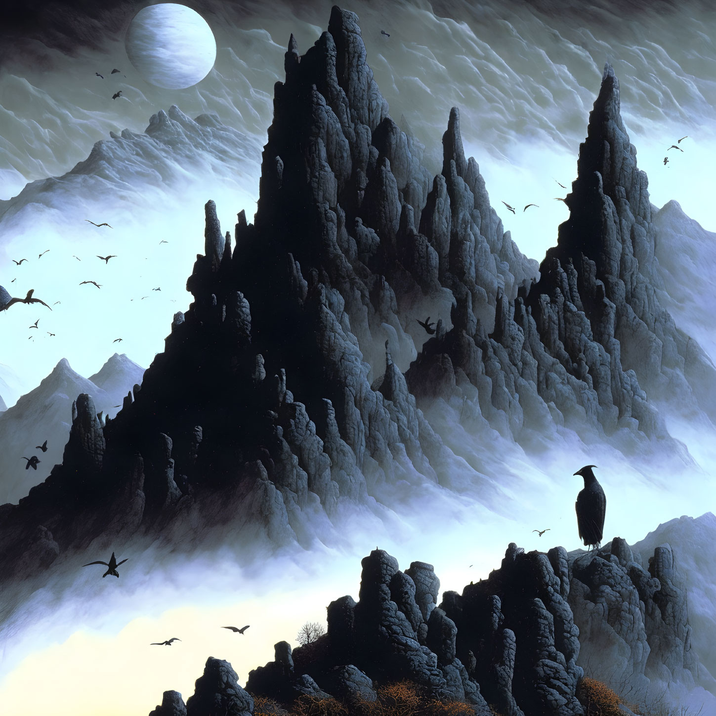 Surreal landscape with jagged mountains, birds, and full moon