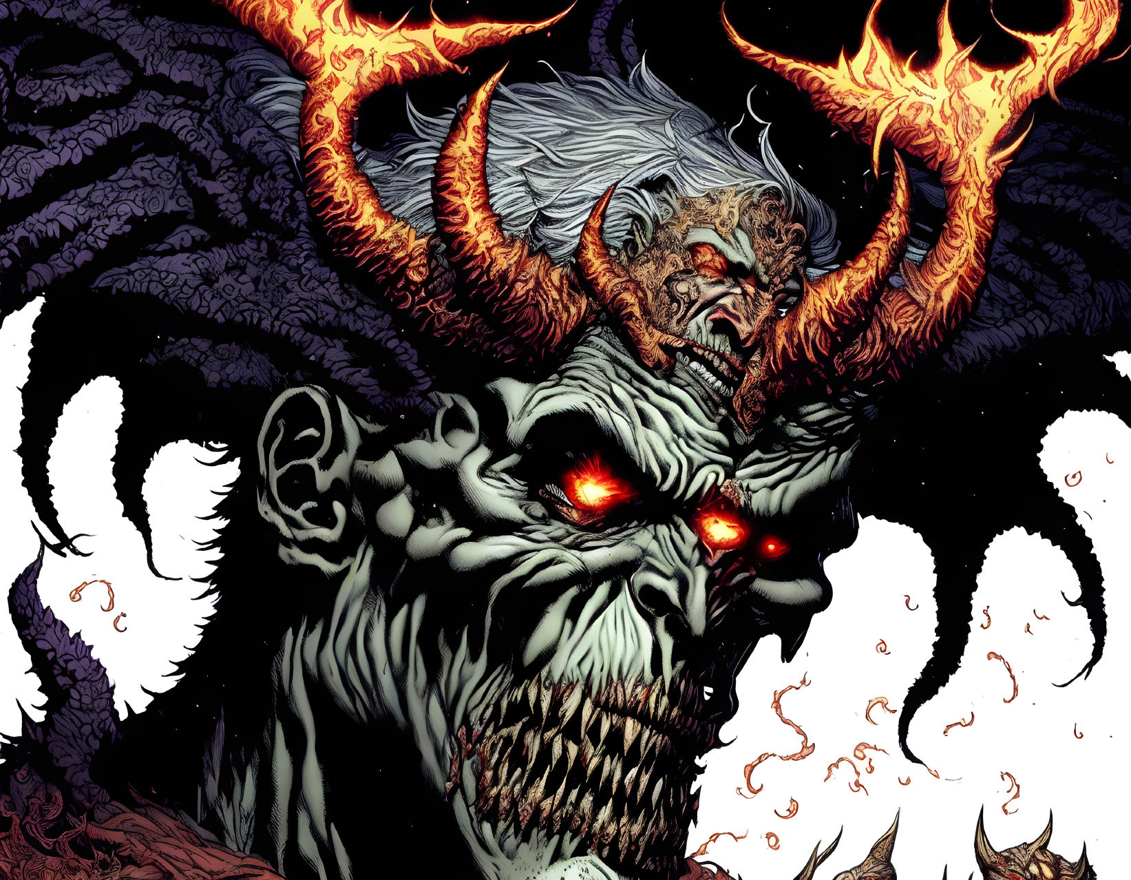 Sinister demon with glowing red eyes and fiery horns depicted.