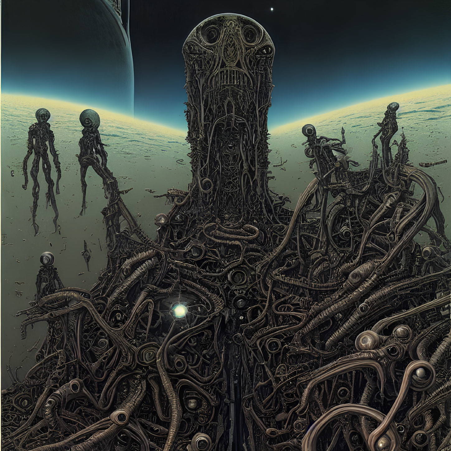 Sci-fi scene: skeletal robotic figures on alien landscape