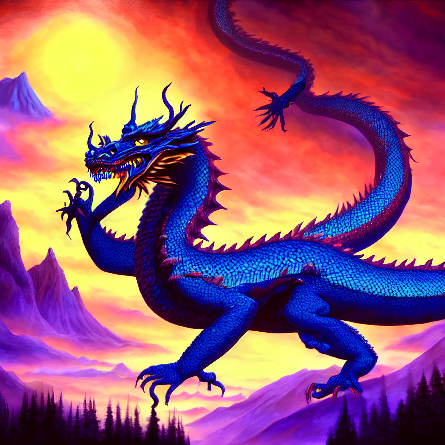 Blue dragon with intricate scales against fiery sunset sky and mountains