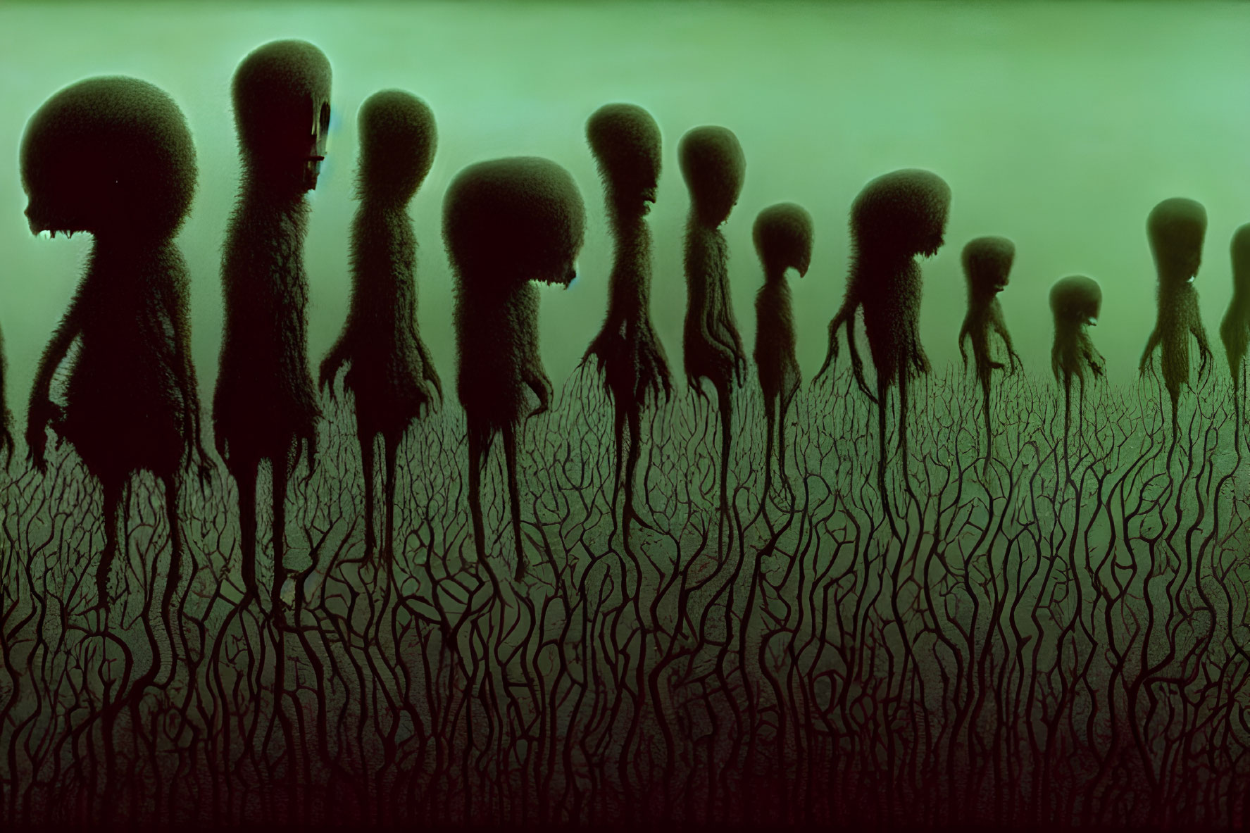 Elongated head silhouettes in green haze among branching structures