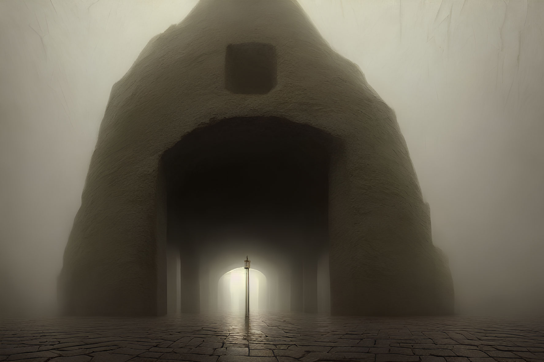 Solitary lamp post at entrance of large arch-shaped tunnel with cobblestone flooring into foggy ex