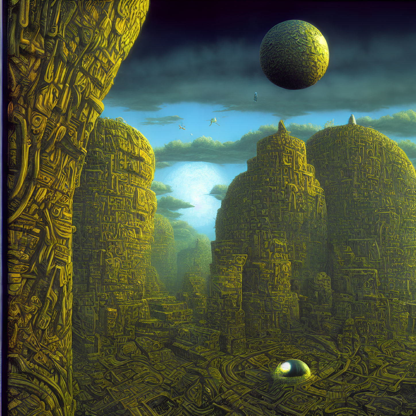 Surreal landscape with maze-like structures, glowing orb, monolith, stormy sky, distant