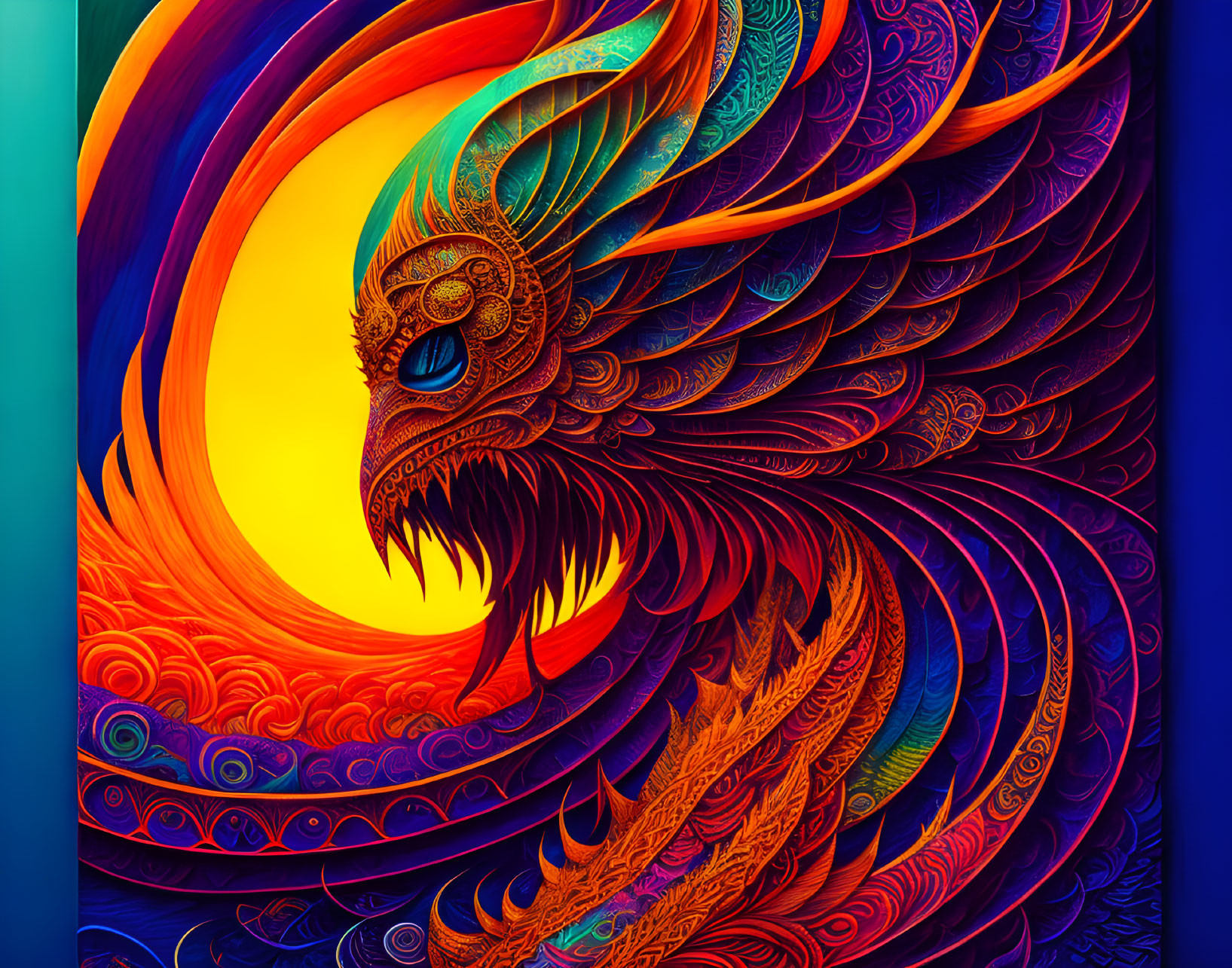 Colorful Stylized Phoenix with Intricate Patterns on Warm Hue Backdrop