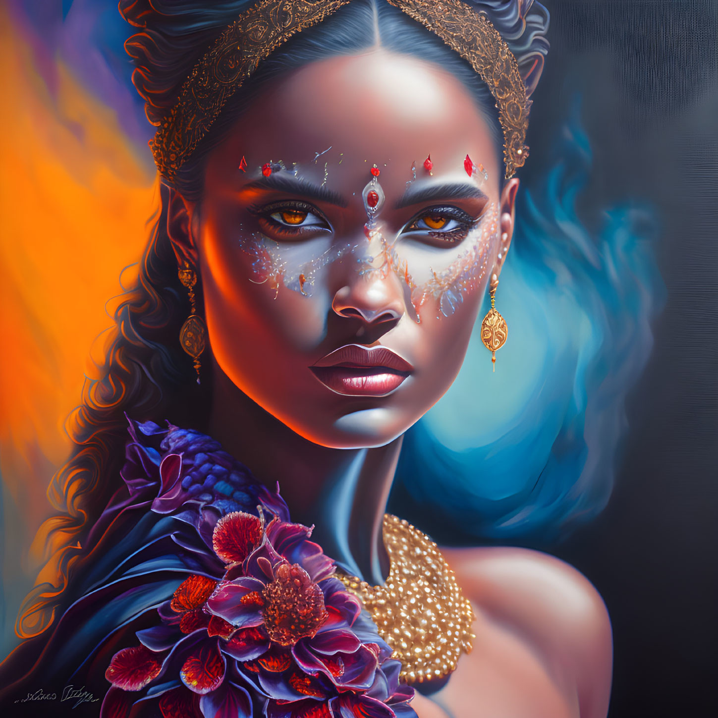 Portrait of woman with striking makeup and golden accessories in vibrant blue and orange colors