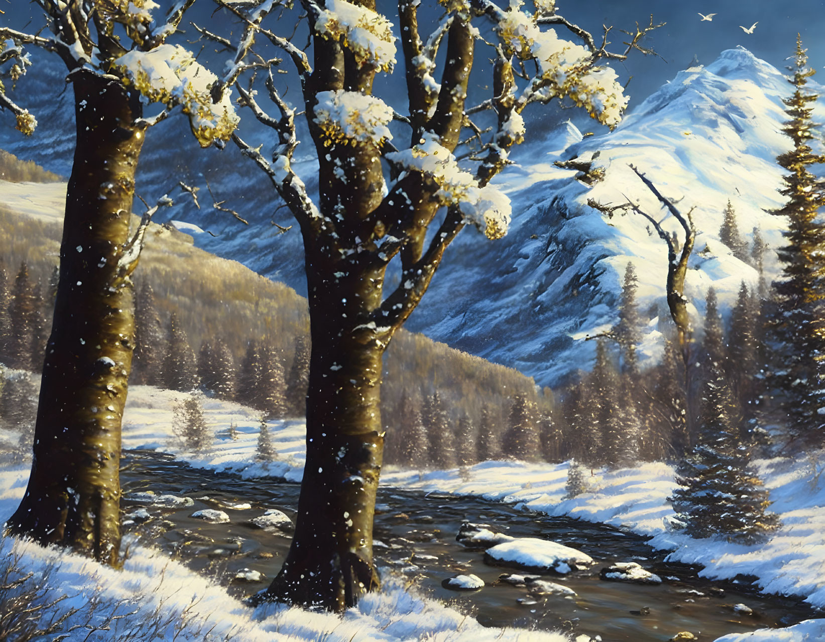Snow-covered trees, flowing river, mountains, clear sky: Serene winter landscape