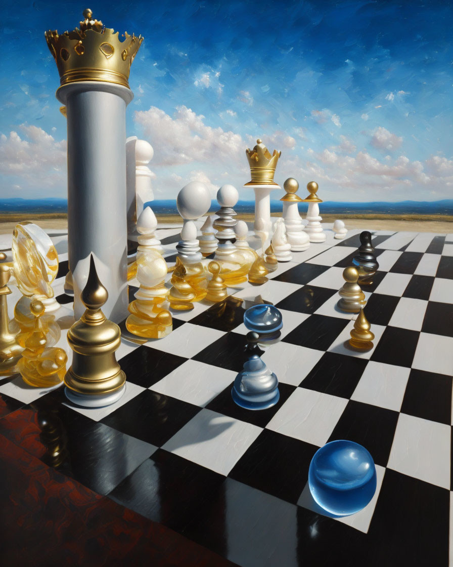 Surreal oversized liquid-like chessboard under vivid blue sky