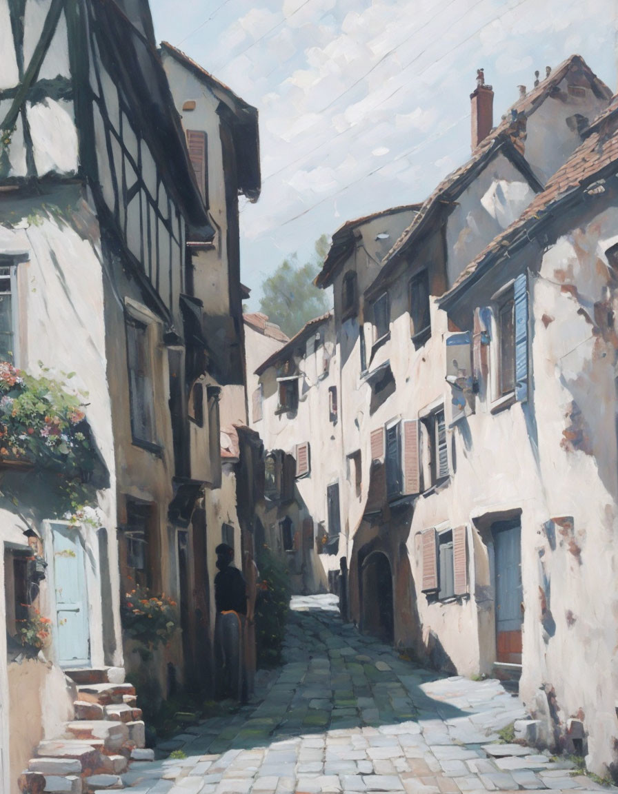 Traditional European Houses on Cobblestone Street under Bright Sky