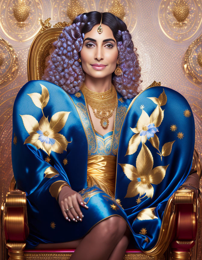 Regal woman in gold and blue attire on ornate throne