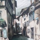 Traditional European Houses on Cobblestone Street under Bright Sky