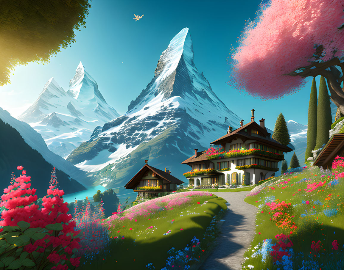 Scenic mountain landscape with alpine houses, flora, paths, and eagle in clear sky