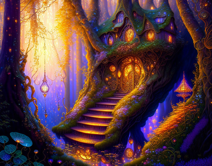 Enchanting Fantasy Forest with Glowing Treehouse