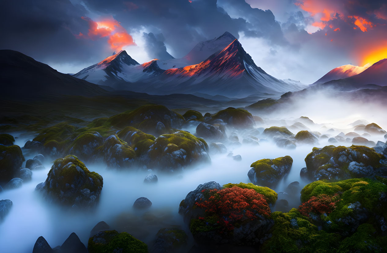 Moss-covered rocks in misty landscape with flowing stream and fiery clouds at dusk