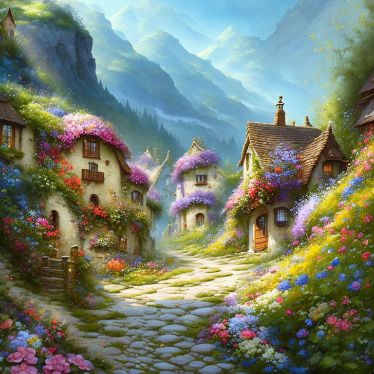 Charming village with cobblestone paths and colorful cottages