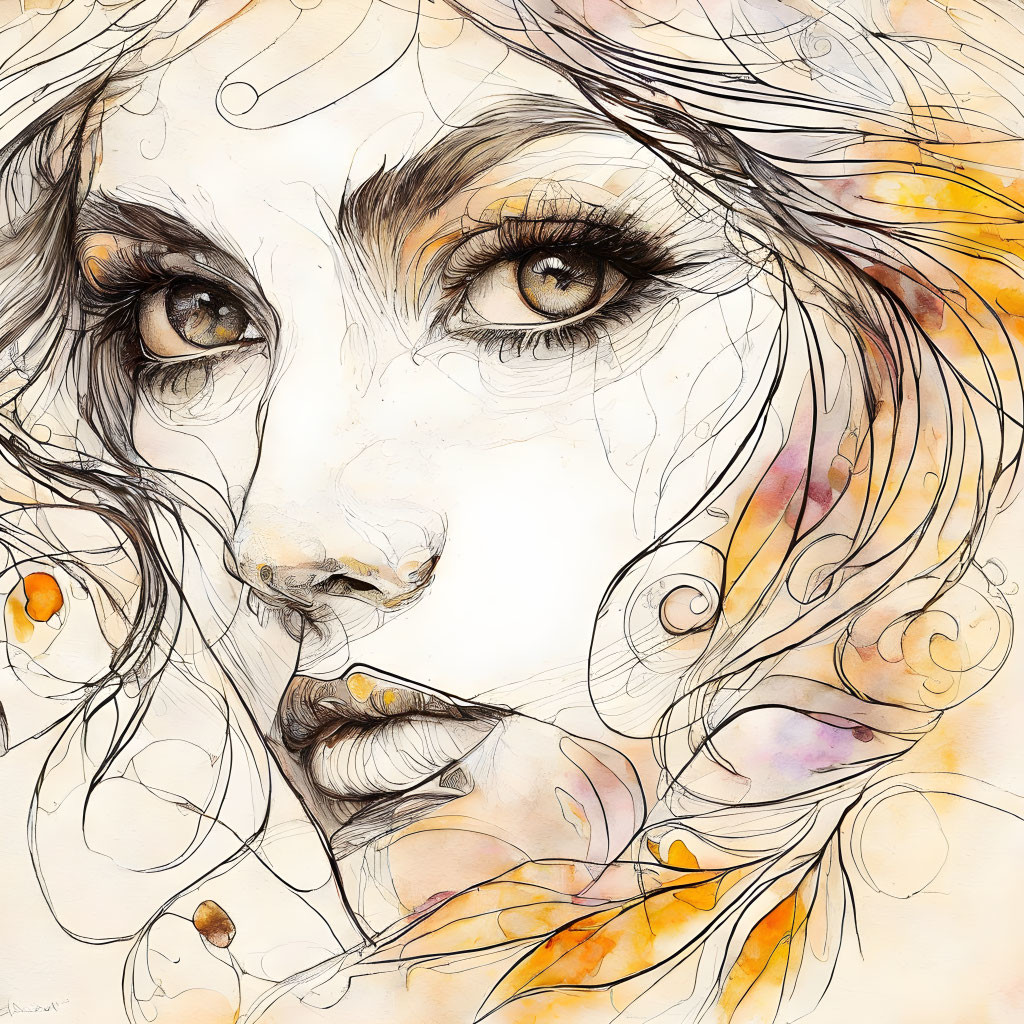 Detailed woman's face illustration with stylized eyes and wavy lines in soft watercolor.