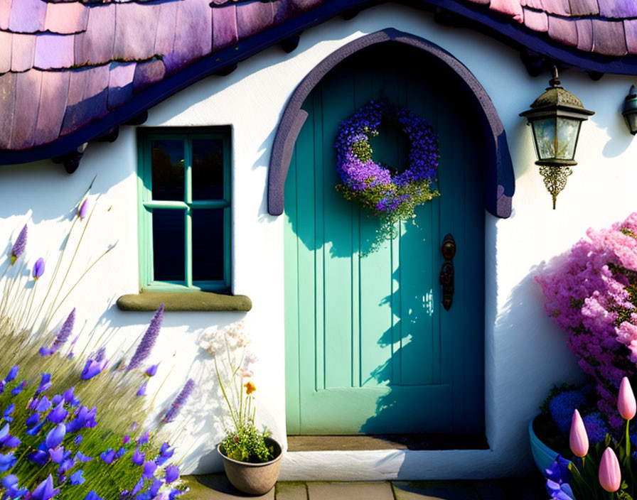 Charming Cottage Front with Teal Door and Purple Wreath