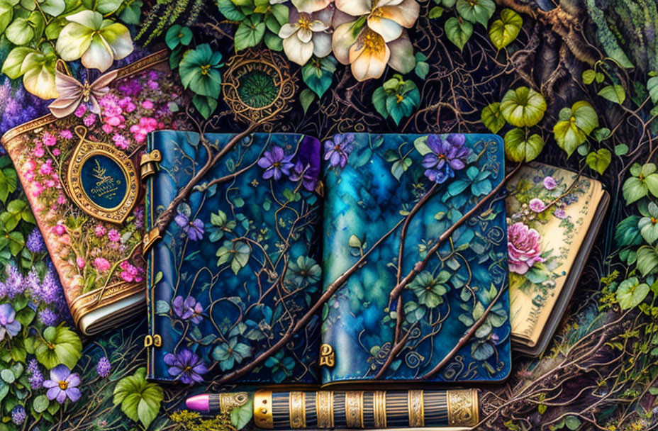 Celestial-themed open notebook with closed books in lush garden