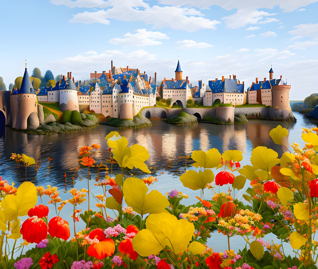 Colorful Castle Illustration with Multiple Spires and Stone Bridges