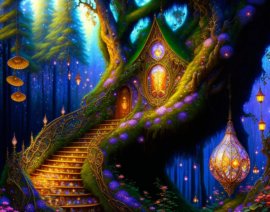 Enchanting forest scene with magical treehouse, glowing lanterns, spiral staircase & vibrant flora under