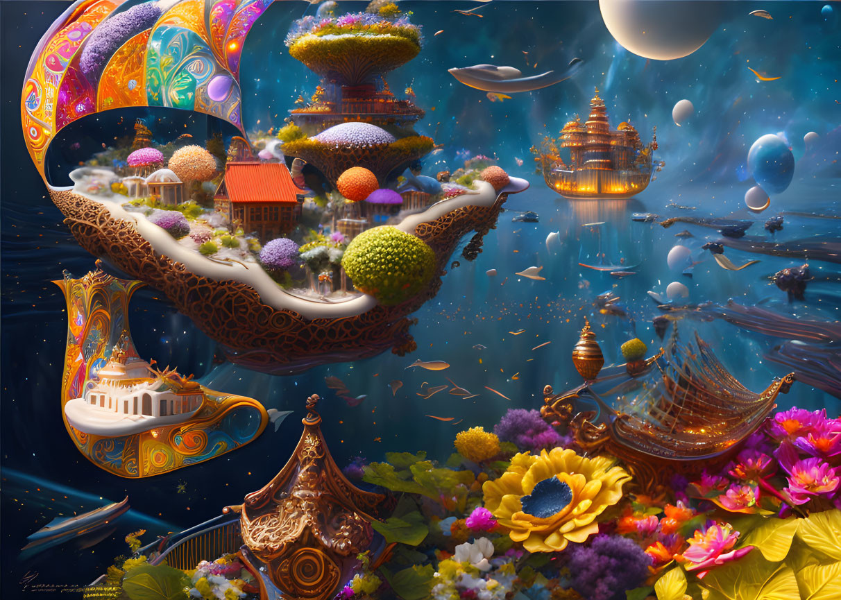 Fantastical artwork: Floating islands, whimsical architecture, lush gardens, starry sky.