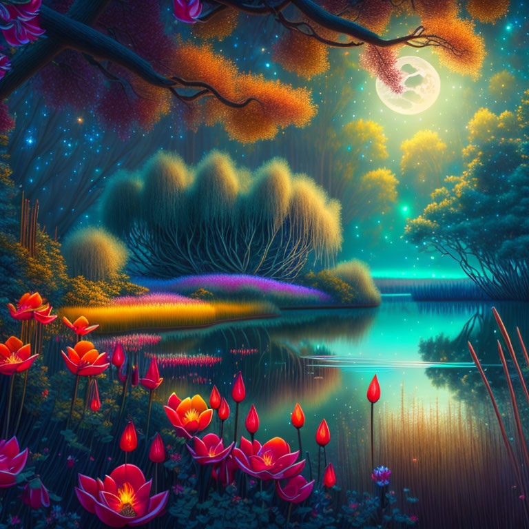 Fantastical night landscape with glowing moon and magical flora