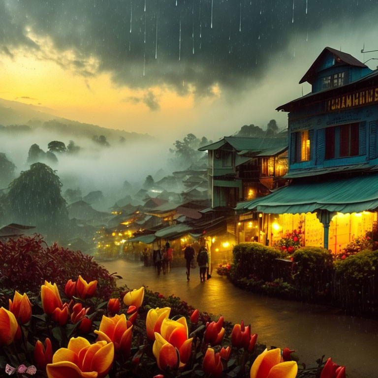 Scenic evening rain in quaint village with warm lights and vibrant flowers