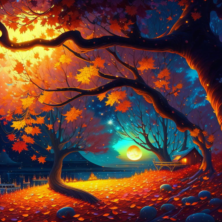 Autumn night landscape with full moon, starry sky, tree with red and yellow leaves, house