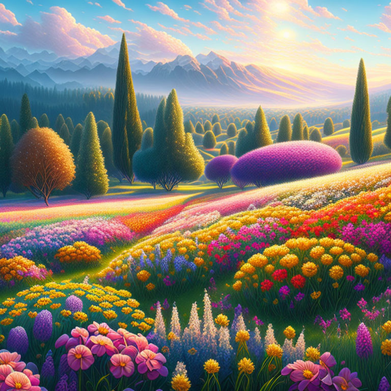 Colorful blooming flowers, trimmed trees, mountain backdrop at sunrise