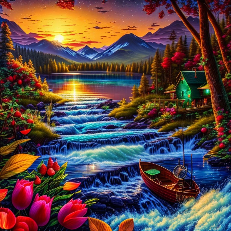 Scenic mountain lake sunset with waterfalls, boat, cabin, and flowers