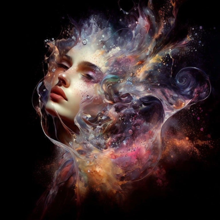 Surreal portrait of woman with cosmic hair swirl