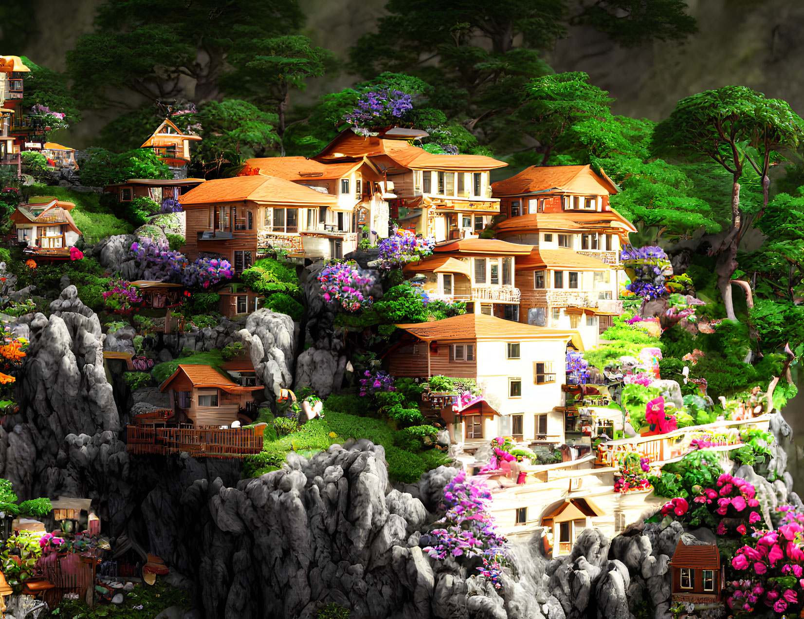 Picturesque village with wooden houses on rocky cliffs and lush greenery