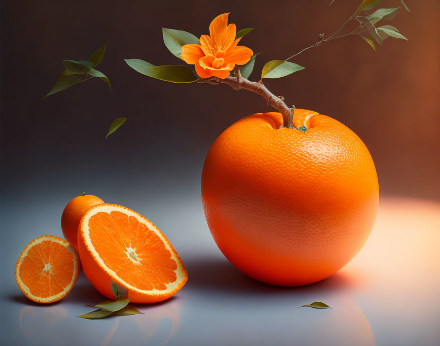 Surreal image: oversized orange with branch, flower, and sliced oranges.