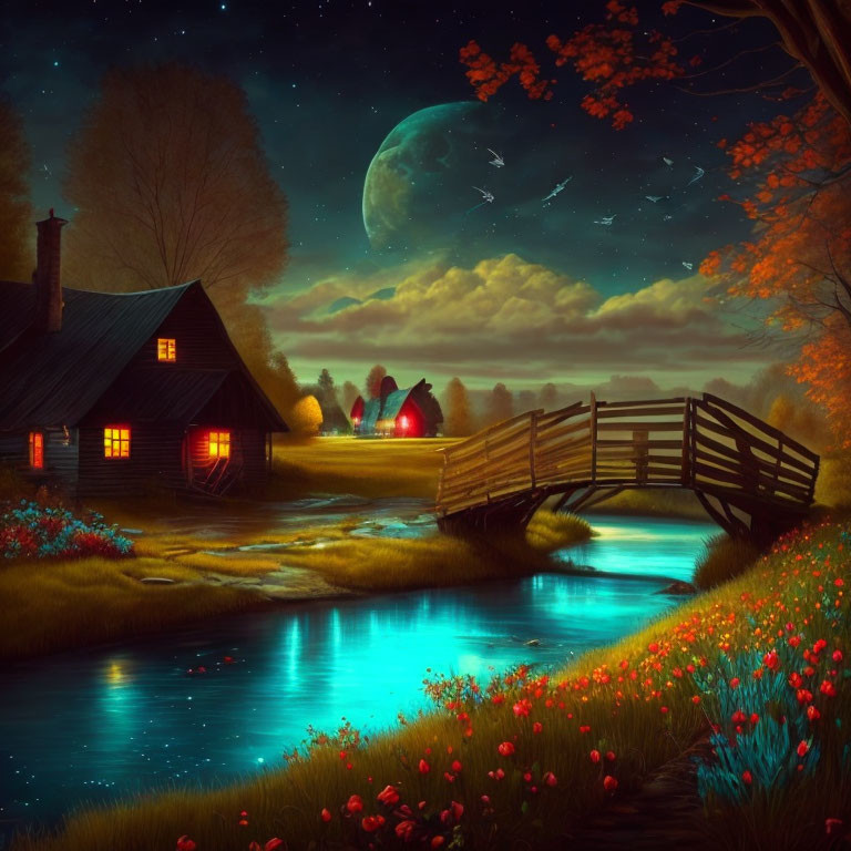 Cozy cottage by glowing river with wooden bridge and crescent moon