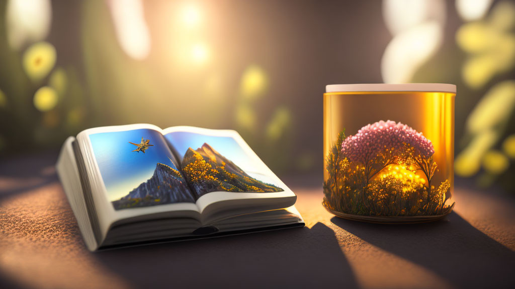 Open book with nature illustrations next to glowing candle jar against blurred natural backdrop.