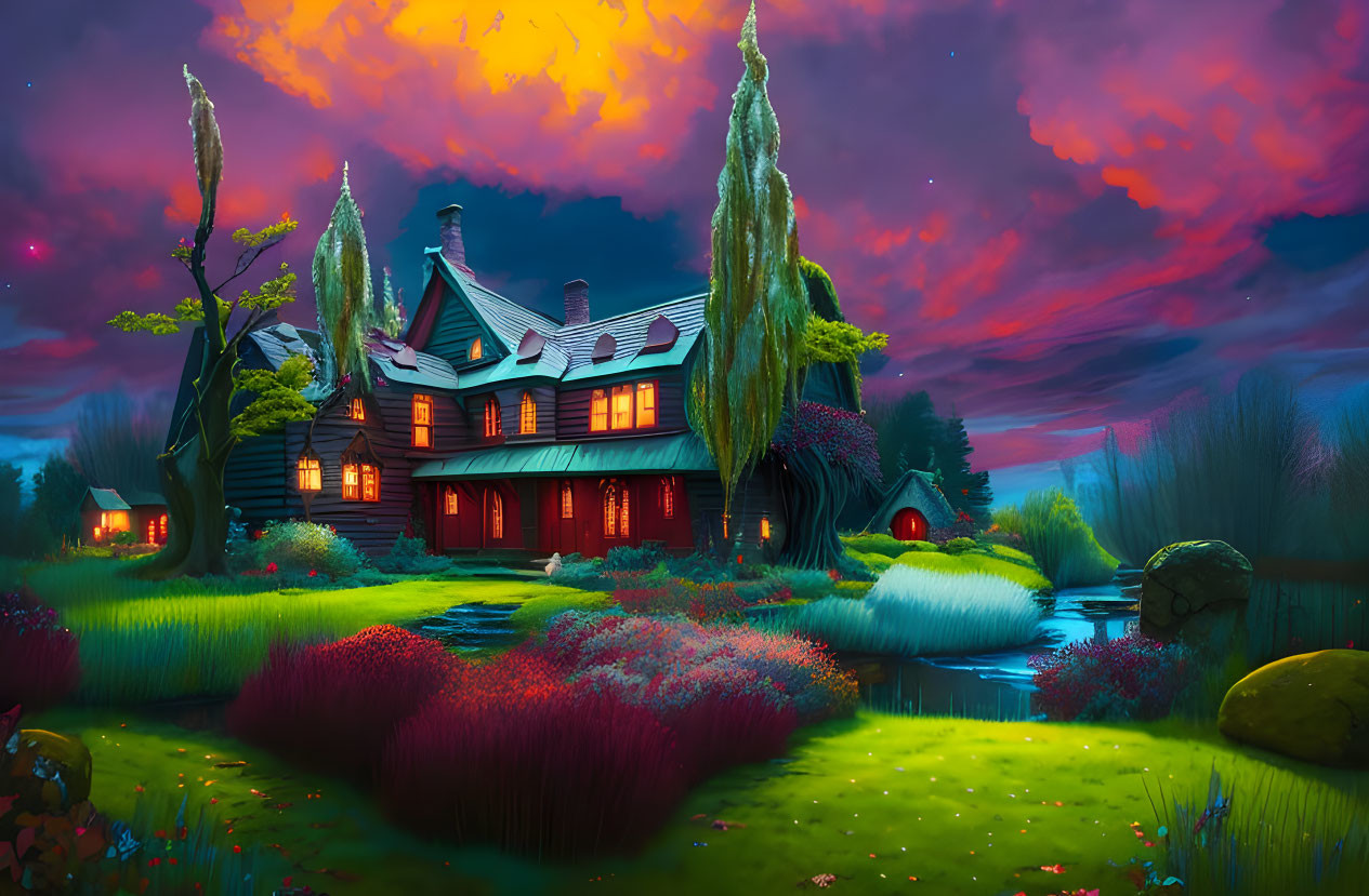 Fantasy artwork: Large house in lush greenery under pink-purple sunset