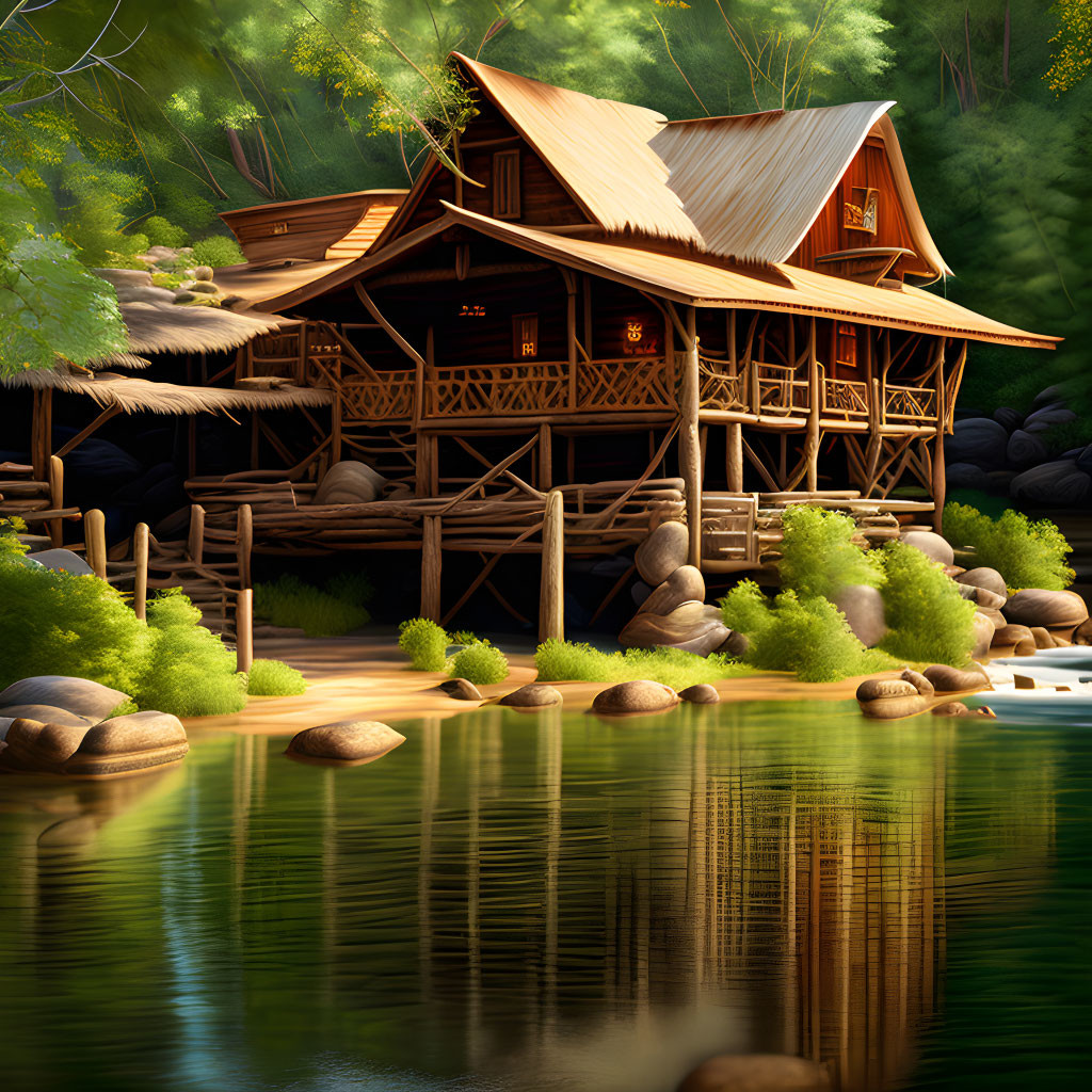 Traditional wooden riverside house in lush greenery with reflection on calm water