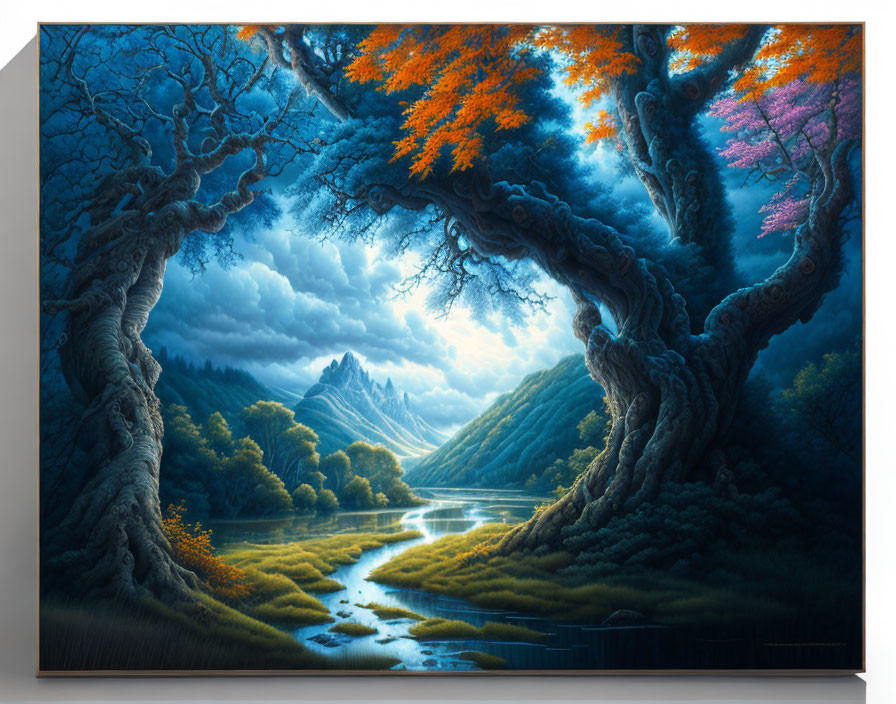 Vibrant landscape painting with ancient trees, river, grasslands, and mountains