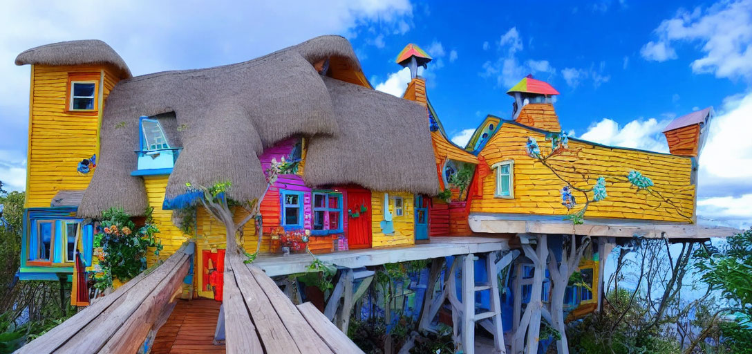 Colorful Thatched Roof House with Turrets and Wooden Bridge