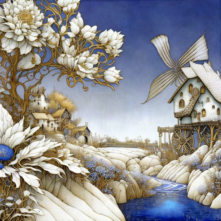 Whimsical village scene with windmill and blue river