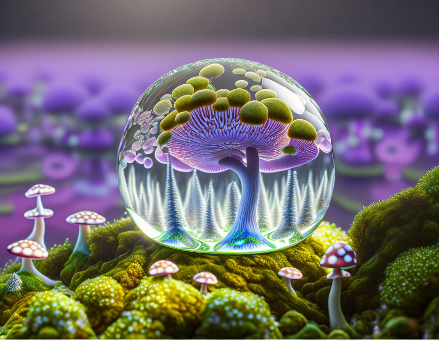 Vibrant digital artwork of encapsulated ecosystem with mushroom tree.