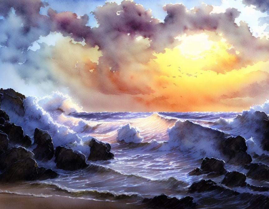 Vivid painting: Tumultuous ocean at sunset with crashing waves and dramatic orange and purple sky