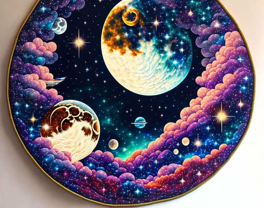 Colorful Cosmic Artwork Featuring Moons, Planets, and Stars