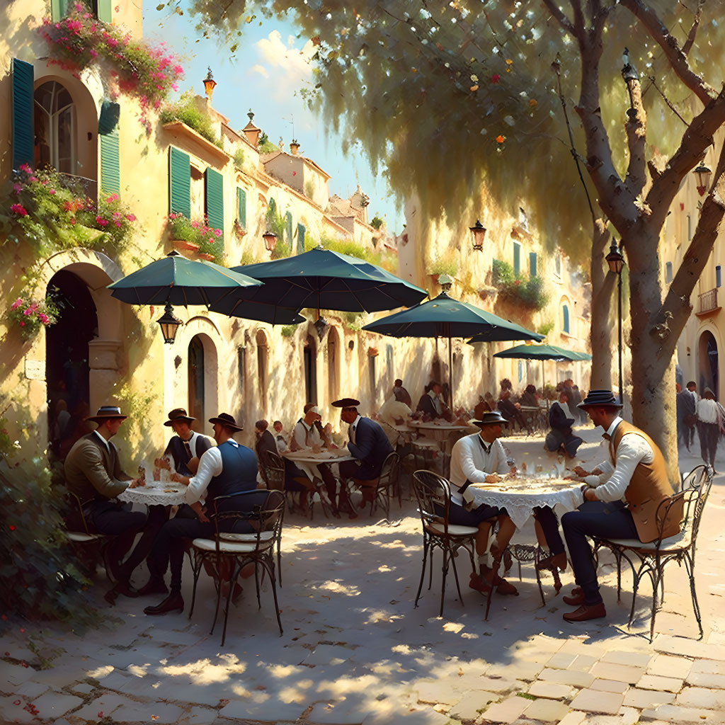 Outdoor café scene on cobblestone street with trees and sunlit buildings