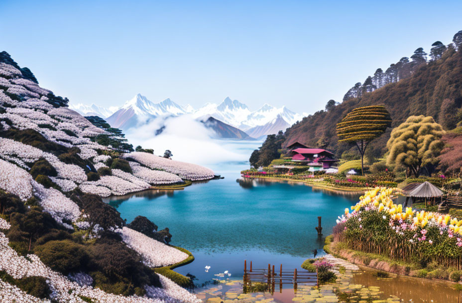 Serene lake, blooming flowers, traditional building, snow-capped mountains, clear blue sky