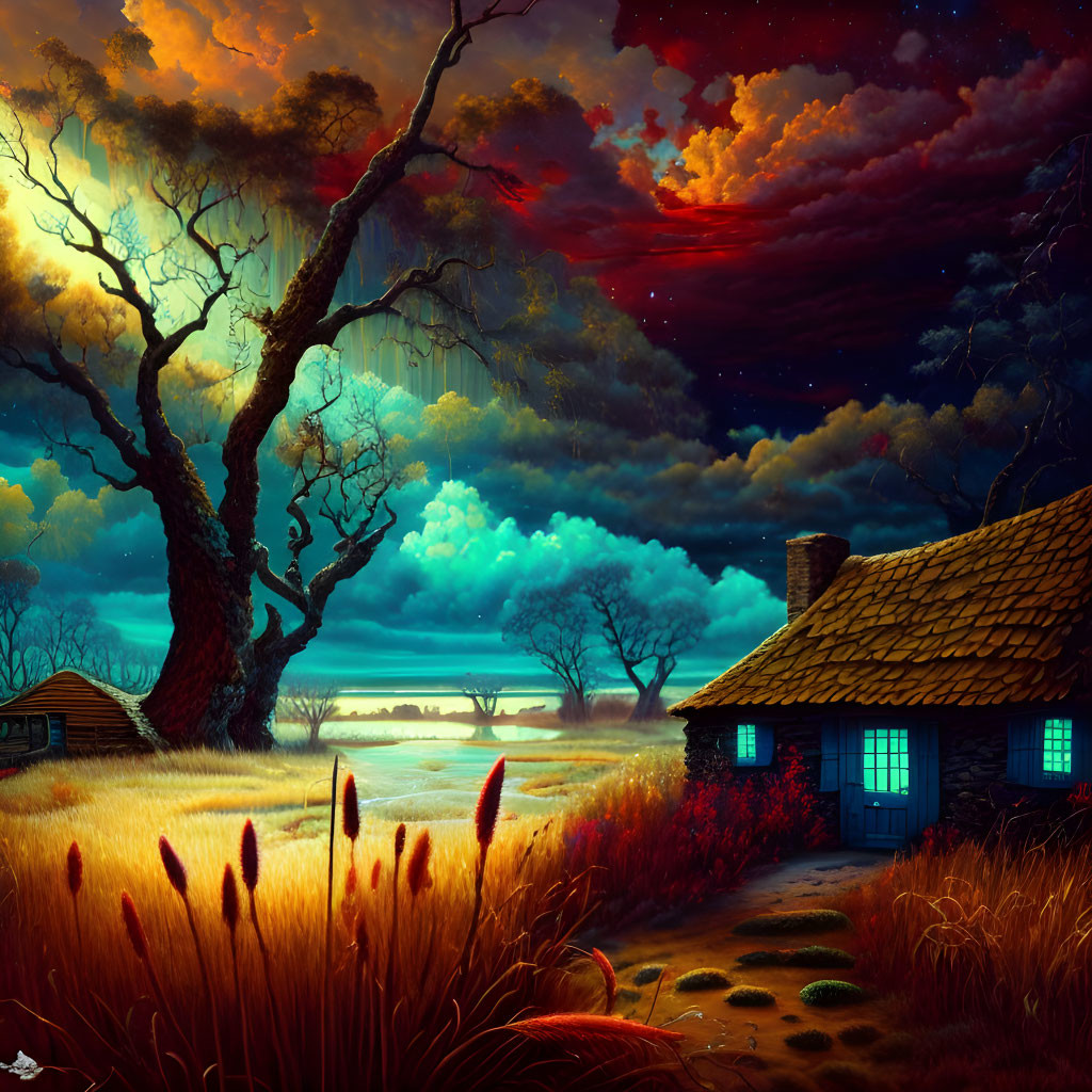 Scenic countryside dusk with thatched cottage, golden fields, trees, and dramatic sky