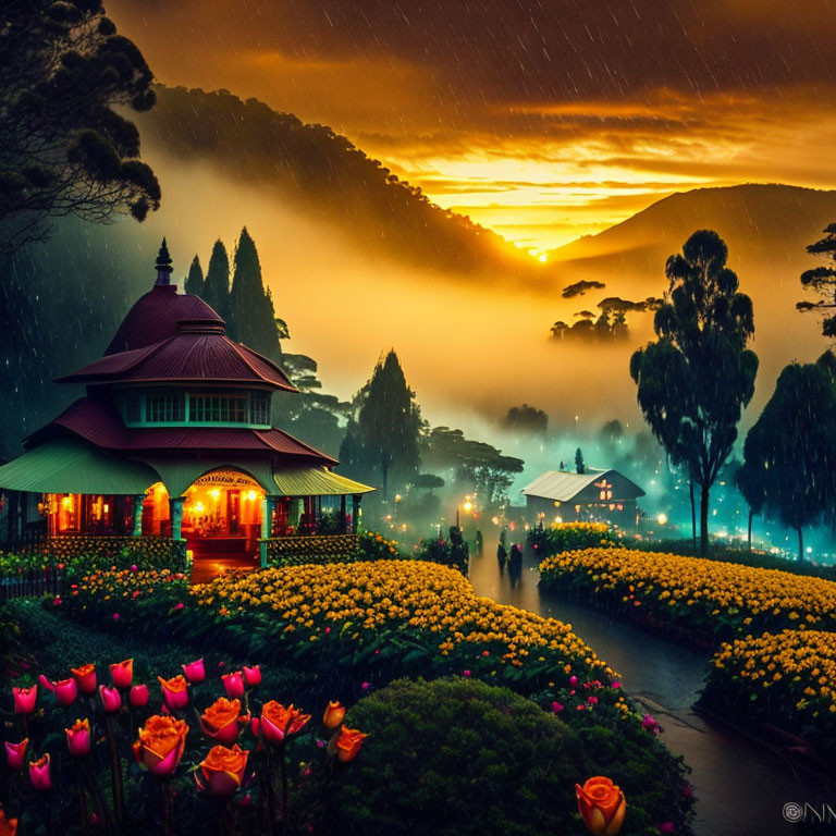 Traditional house surrounded by blooming gardens at sunset in rainy weather