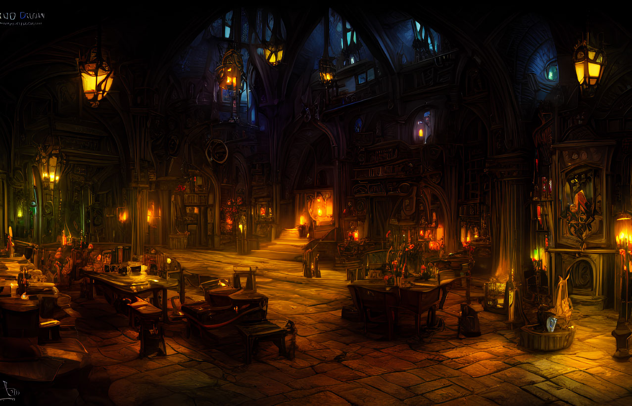 Detailed Fantasy Tavern Interior with Candlelit Tables & Stained Glass Windows