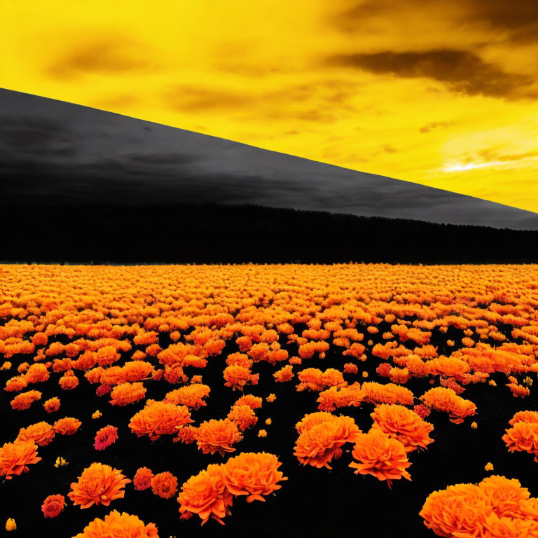 Orange Marigold Flowers Blooming in Dramatic Landscape